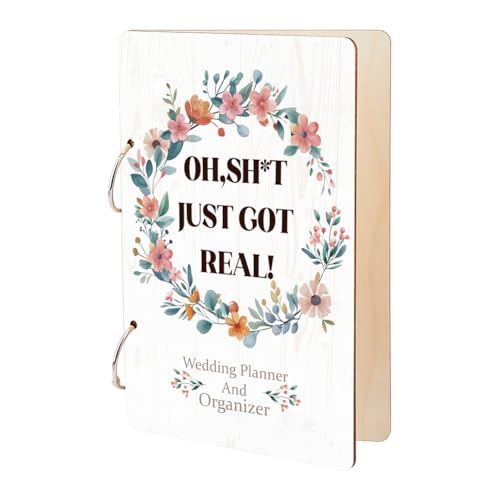 SUPERDANT Wedding Planner and Organizer Wooden Loose Leaf Binder Greeting Card Postcard Photo Album 2-Rings Cover Just Got Real Keeper Book Holder Keepsake Engagement Gifts for Newly Engaged Couples