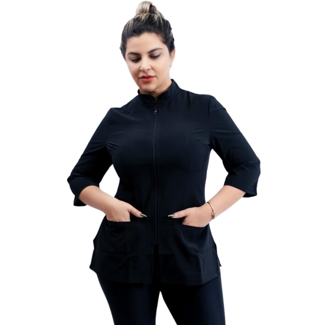 Top Scrubs for Women, Aestheticians Uniform for Spa, Black Esthetician Scrubs for women 3/4 sleeves.Bleach Proof Stylist Jacket.(Large)