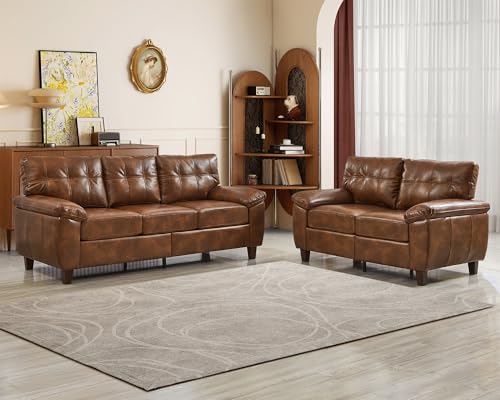 2-Piece Mid-Century Faux Leather Couch and Loveseat Set