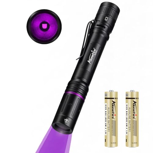 Alonefire P68 Lanterna UV 3 W 365nm profissional potente ultravioleta portátil luz preta muito pequeno detetor de urina para deteção de dinheiro, escorpião, minerais com 2 x bateria AA