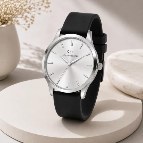 Image of CHARLIEKEEN Analog Watch with Silver Dial and Silicone Strap | Minimalist Dial, Gift Box Included, Index Hour Markers, Analogue Display, Unisex Design