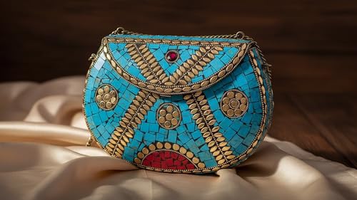 Image of Shakuntala Vintage Clutch - Metal Mosaic Stone & Shell Design Purse - Handmade Women's Handbag