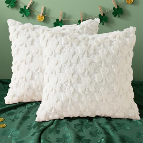 Image of decorUhome St. Patrick's Day Shamrock Pillow Covers 20x20 Inch Set of 2, Soft Plush Faux Wool Cream White Throw Pillow Covers, Farmhouse Spring Holiday Decor for Sofa Living Room