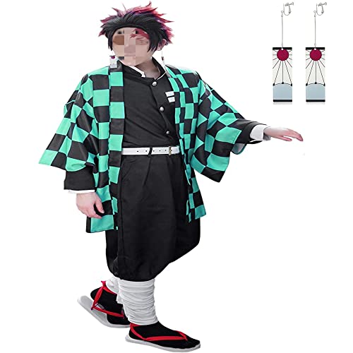 Buyoem Tanjiro Cosplay Costumes Anime Kimono Halloween Cosplay Cloak Kimono Outfit With Earring (gre