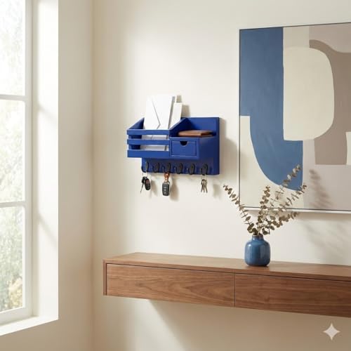 Image of Wooden Wall Mounted Key Holder with Hooks and Organizer Shelf Wall Rack for Letters Wallets and Accessories Home and Office Wall (Blue, Drawer Organizer - 35.5 x 9 x 23 cm)