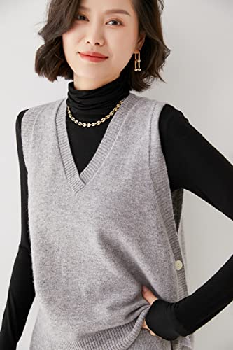 Image of Women's V-Neck Simple Three-Button Design Solid Color Loose Casual All-Wool Knitted Vest