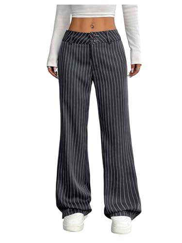 Floerns Women's Pinstripe Striped Low Waist Dressy Pants Straight Leg Casual Office Trousers Grey Medium