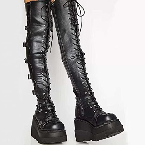 Women's Thigh High Platform Boots Goth Lace Up Over The Knee Boots Punk Motorcycle Riding Boot with Buckles2