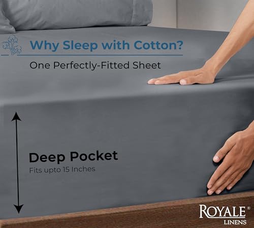 Image of Royale Linens 100% Organic Cotton Fitted Sheet - Percale Weave - Super Soft Deep Pocket Bottom Sheets - Grey Elastic Sheet Queen Size - Queen Fitted Sheets Only - (60 inchx80 inch+15 inch, Grey)