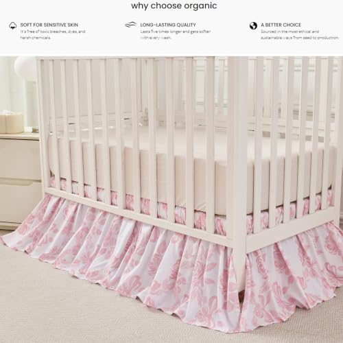 Image of Brandream Organic Cotton Crib Skirt Dust Ruffle, Baby Girl Crib Bed Skirt, 4-Sided, Luxury French Vintage Pink Rose Floral & Bow Cottagecore Toddler Bedskirt Farmhouse Chic Nursery Bedding Skirt