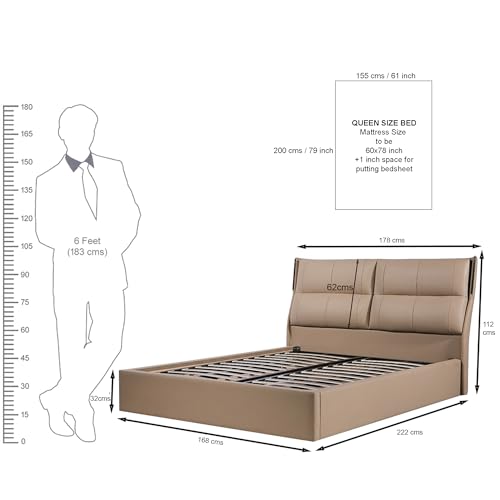 Image of The Attic Nova Queen Size Bed with Hydraulic Lift Storage with Soft Cushion Headboard Khakhi Beige