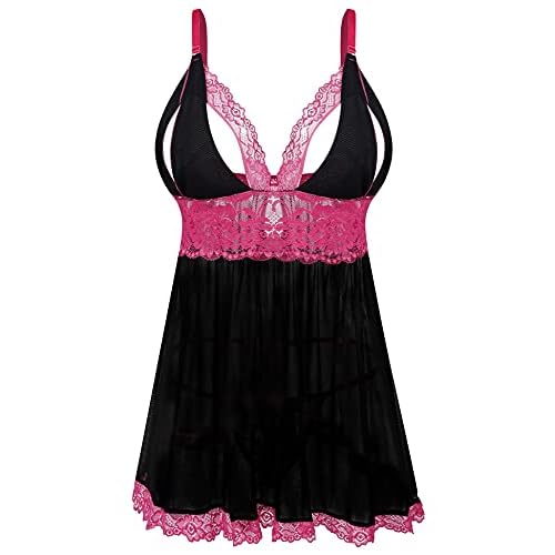 EVELIFE Damen Übergröße Dessous Set Spitze Sexy Chemise Nachtwäsche Babydoll Kleid mit G-String(Schwarz 4XL)
