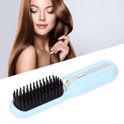 Plancha para el cabello en forma de peine con iones negativos, herramienta eléctrica dual para alisado y rizado, portátil con batería integrada para uso en casa, viaje o salón (Azul) miniatura 6