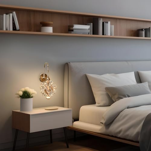Image of Smartway Flux Crystal 10 Watt LED Wall Lamp - Modern Gold Wall Light, Crystal Globe Design, 3 Color Modes (Warm /Natural /Cool) | Wall Mounted Bedside Lamp (Petal)