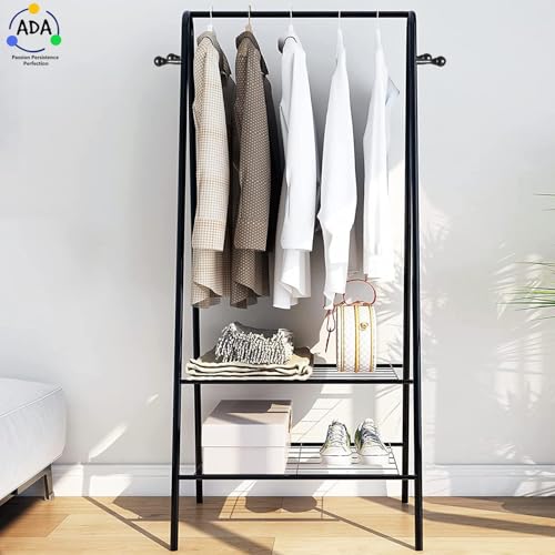 Image of ADA Premium Metal Heavy Duty Drizzle Garment Rack with 10 Side Hooks, Multifunctional 2 Lower Shelves Clothe Rail - Black (84 x 31 x 140cm)