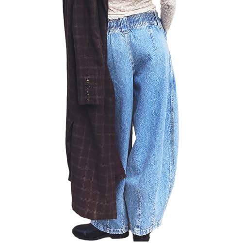 Womens Casual Drawstring Jeans Trendy 2025 Elastic Waisted Boyfriend Baggy Wide Leg Denim Pants3