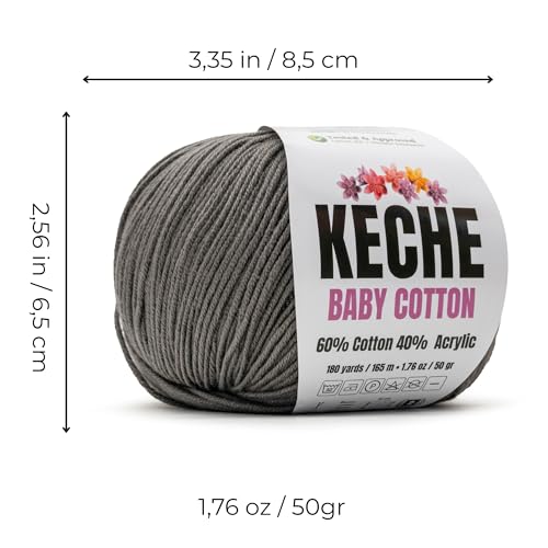 Image of Keche Baby Cotton, 60% Cotton 40% Acrylic Yarn, Soft Cotton Yarn for Crochet and Knitting, Amigurumi Yarn 1 Skein /Ball 1.76 Oz (50g) / 180 Yrds (165m) - Dark Grey