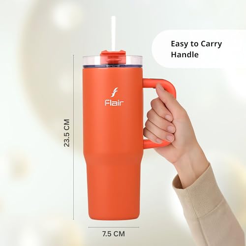 Image of FLAIR Vogue Insulated Tumbler with Lid, 2 Straws & Brush-750ml | Stainless Steel Sipper with Handle | Hot & Cold | Car Cupholder Friendly | Travel, Gym, Gift (Mandarin Orange)