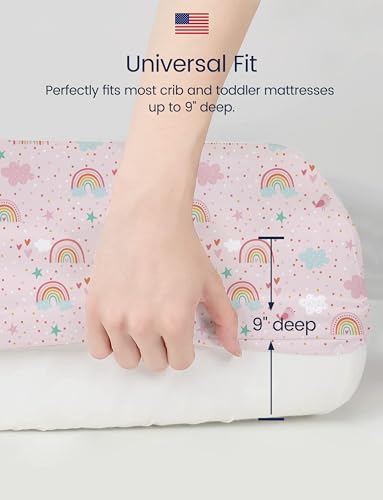 Image of TotAha Pink Rainbow Crib Sheets Girl - Hypoallergenic, Silky Comfort, Buttery Soft, Calming Effect, All-Season Premium Stretchy Jersey-Knit Sheets, 9'' Extra Deep Pocket-2 Pack