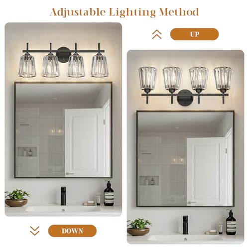 Image of Crystal Bathroom Light Fixtures Over Mirror, Black 4-Light Bathroom Vanity Lights Over Mirror Modern Wall Lighting Sconces with Ceramic E26 Base (Bulbs Not Include)