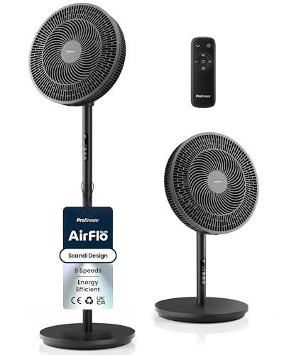 Pro Breeze AirFlo Slim 43 inch Pedestal Fan - Whisper Quiet & Powerful Standing Fan Energy Efficient 9 Speeds Powerful Airflow Adjustable Height 95 Oscillation Scandi Bedroom Night Home Office