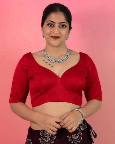Image of FIGURE'S DESIGNER Women's Dupion Raw Silk Half Elbow Sleeves Sweetheart V Neck Sabyasachi Cut Readymade Saree Blouse S10