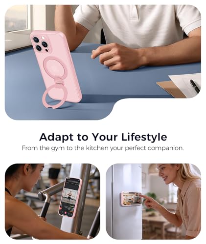 Image of FNTCASE for iPhone 15 Pro-Max Case: [360 Spin Magnetic Stand] [Compatible with Magsafe] [Screen Protector] Translucent Matte Military Grade Shockproof Full Camera Protective Phone Cover - Pink