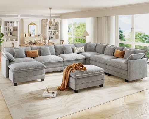 Image of Hanherry Modular Sectional Sofa,Cloud Couch for Living Room,Modern Deep Seat Sofa Chenille Fabric Comfy Couches with Throw Pillows & Movable Ottoman for Apartment