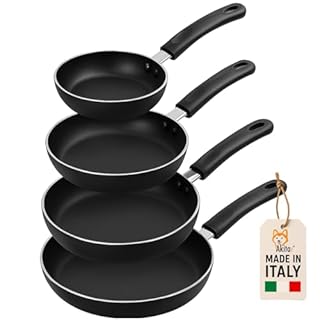 AKITAInk Set 4 Padelle Antiaderenti 16-20-24-28cm | Alluminio Leggero, Rivestimento PFOA Free, Fondo Antiaderente, Manici Soft Touch Made in Italy