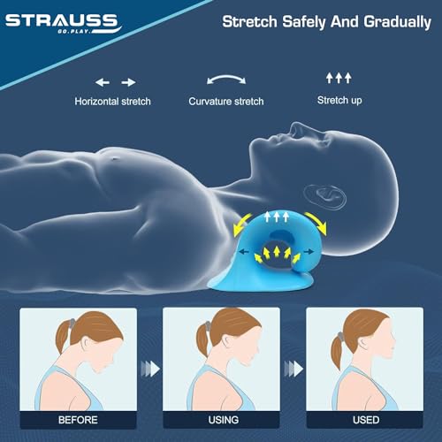 Image of Strauss Neck Support Stretcher | Cervical Pillow | Cervical Traction Device for Relieve in Headache, Muscle Tension, Neck Pain, Shoulder Pain & Spine Alignment | Acupressure Chiropractic Pillow,(Blue)
