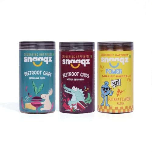 Image of Snaaqz Supergrain Chips Combo 420g | Beetroot Cream & Onion, Beetroot Masala & Power Millet Puffs | Pack of 3 | High Protein | Baked & Crunchy | Vegetarian | Low-Calorie | Healthy Snacks for Adults & Kids