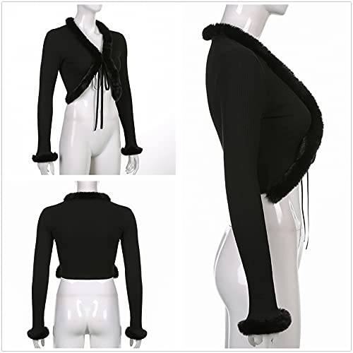 Women's Sexy Feather Trim Blouse Tops Long Sleeve Tie-up Cardigan Faux Fur Crop Top Rave Festival Outfits3