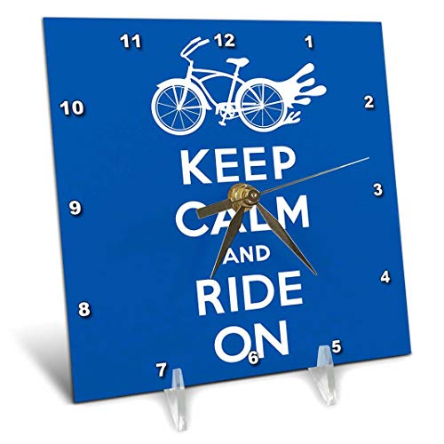 3dRose dc_171901_1 Keep Calm and Ride On. Blue and White. Cycling. Bike Rider-Desk Clock, 6 by 6-Inch