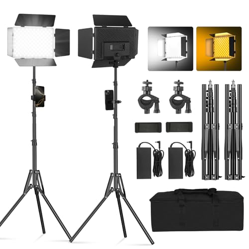 Soonpho 2-Pack Bi LED Lumière vidéo Panneau avec Barn Door 2500-6500K Light Dimmable 20W Eclairage de Studio de Photographie avec Trépied et Support pour Téléphone Portable pour Vidéo Youtube Live