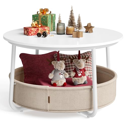 VASAGLE Couchtisch rund, Tisch mit Stauraum, Beistelltisch, Wohnzimmertisch mit Korb aus Stoff,...
