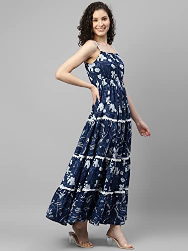 Image of DEEBACO Women's Color Block Print Cotton Maxi Length Tiered Dress for Women|One Piece Straps Shoulder Sleeveless Casual Western Fit and Flared Dresses for Ladies Wear Outfits (DBDR00000714B White)
