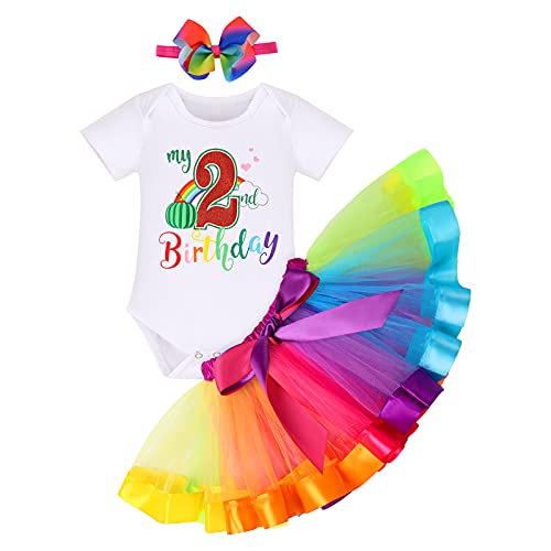 2nd Birthday Outfit Girl Baby Toddler Short Sleeve Romper+Rainbow Princess Tulle Tutu Skirt+Headband 3PCS Clothes Party Dress Two Year Old Cake Smash Newborn Photography White-2nd 2 Year