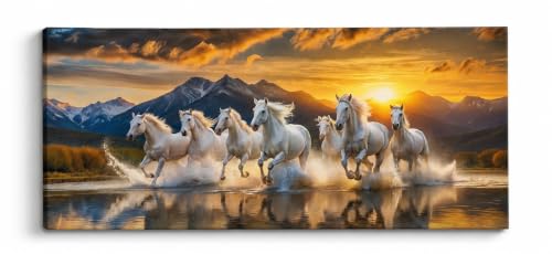 Image of 7 Horse Vastu Sunrise Canvas Painting | Positive Energy Wall Decor | Big Size Premium Running Horses Artwork for Home, Office & Hall Decoration (Modern, Hills White, 44x20 Inch)