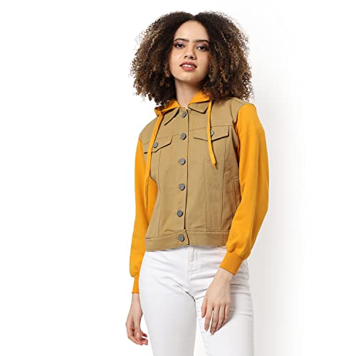 Image of Campus Sutra Women Beige & Yellow Regular Fit Denim Jacket For Winter Wear | Collared Neck | Full Sleeve | Buttoned | Casual Jacket For Woman & Girl | Western Stylish Jacket For Women