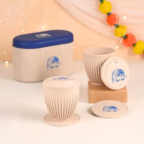 Image of Eha Earth-Friendly Wedding Gifts for Couple | Gifts Made with Rice Husk Biocomposite | Elephant Printed Mug and Coasters Set of 2, Keychain, Loopac Box | 250 ml | Sand Castle