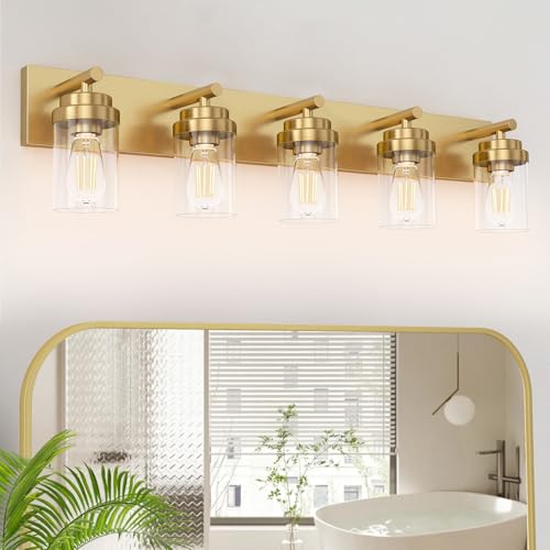 Image of IZORRO Bathroom Vanity Light Fixture, 5-Light 36 Inch Gold Bathroom Light Fixtures Over Mirror, with Clear Glass Shade, Modern Farmhouse Vanity Lights, Rustic Restroom Lighting Fixtures