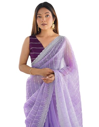 Image of SIRIL Women's Shimmer Chiffon Sequence Embroidery Saree With Unstitched Blouse Piece for Wedding and Parties