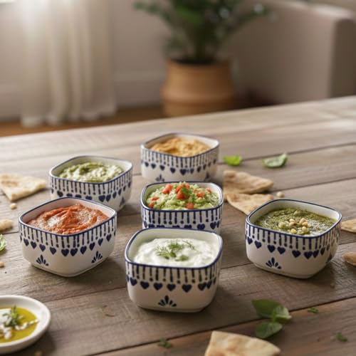 Image of Blue and White Ceramic Dip Bowls Set of 6, Square Shape, Decorative Pattern, for Appetizers, Sauces, Condiments, Snacks