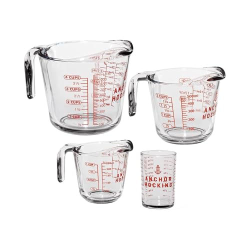 Comparison: Best Liquid Measuring Cups 3 Anchor Hocking Glass Measuring Cups, 4 Piece Set (5 Ounce, 1 Cup, 2 Cup, 4 Cup liquid measuring cups)