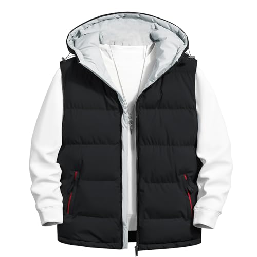 Men's Loose Fit Zipper Winter Tops Hooded Puffer Vest Coat