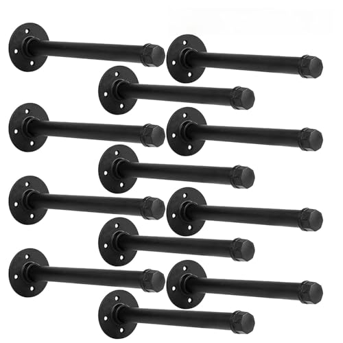 YCCO Industrial Pipe Shelf Brackets 12-Pack 14 Inch - Heavy Duty Black Iron for 8"-14" Wood-Wall Mount Floating Shelves Kit with All Hardware Included,Pipe Shelving Brackets , Black DIY Pipe Shelves