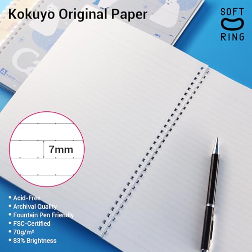 Image of KOKUYO Spiral Notebook Journal, 3 Pack Campus B5 Soft Ring Notebooks with Dotted A 7mm Rule, 40 Sheets, Cute Animal 1 Subject Notebook in Blue Yellow Green, College Office Note Taking. Japan Import
