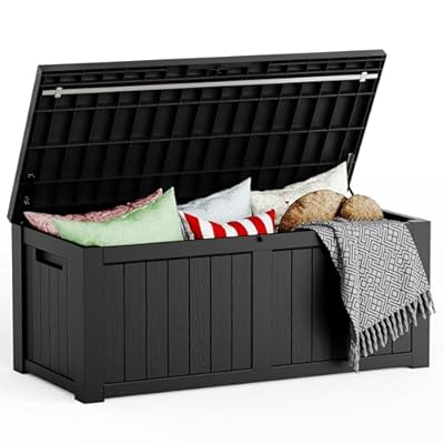 Mars Villa 119 Gallon Deck Box, Large Resin Outdoor Storage Box, Waterproof Storage Bin with Lockable Lid for Patio Furniture Cushions, Pool Supplies, Garden Tools, Weatherproof, Black