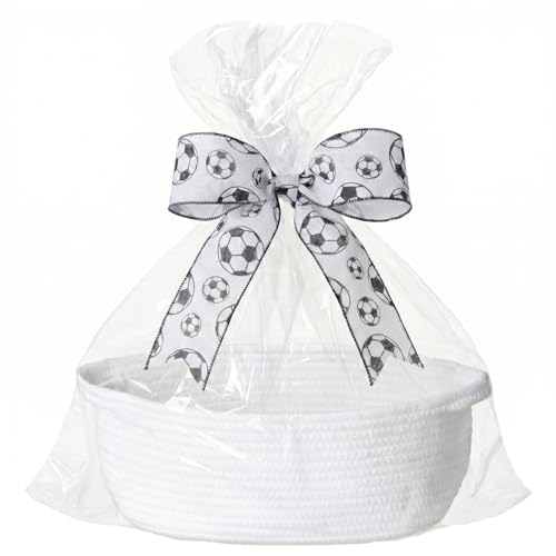 Image of Small Woven Gift Basket Empty - 12 inchx8 inchx5 inch, White /Soccer Ribbon