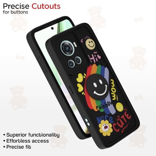 Image of Pikkme Back Cover for OnePlus 10R 5G | Soft Silicone| Cute Rainbow Smile & 3D Cartoon Flower Design | Shockproof Raised Camera Protection Bumper Case (Black)